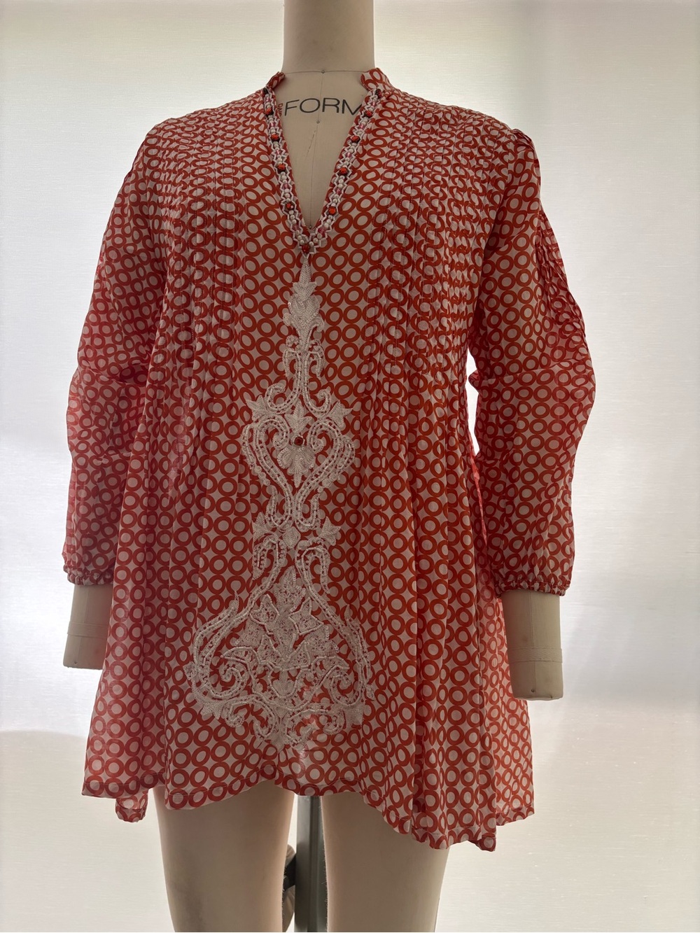 TAJ by Sabrina Crippa Orange Printed V-Neck Tunic with White Lace Detail